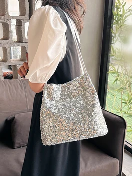 Шикарная женская сумка-мешок с блестками В корейском стиле, сумки через плечо с длинным ремешком большой емкости, 2023 Новая женская текстурная сумка