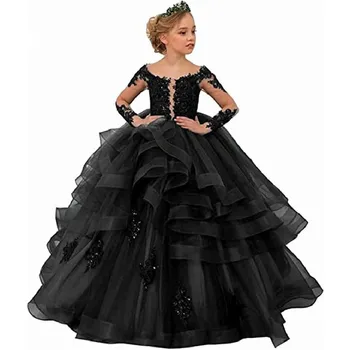 Элегантное Черное кружевное платье с цветочным узором для девочек, платье для дня рождения, Свадебной вечеринки, Рождественские Детские костюмы принцессы для Первого Причастия