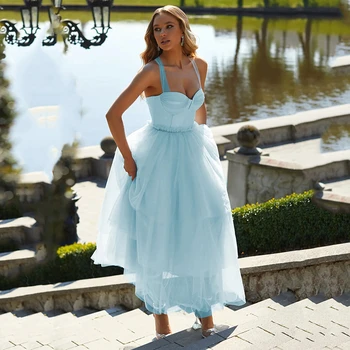 Элегантные небесно-голубые короткие платья для выпускного вечера трапециевидной формы, вечернее платье-спагетти в виде сердца, вечерние платья Dreamy Lady из тюля чайной длины