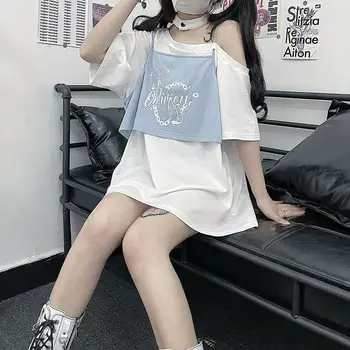 Японская милая одежда Y2k С косым воротником и коротким рукавом, поддельные футболки из двух частей С буквенным принтом с открытыми плечами, Летние женские топы Harajuku